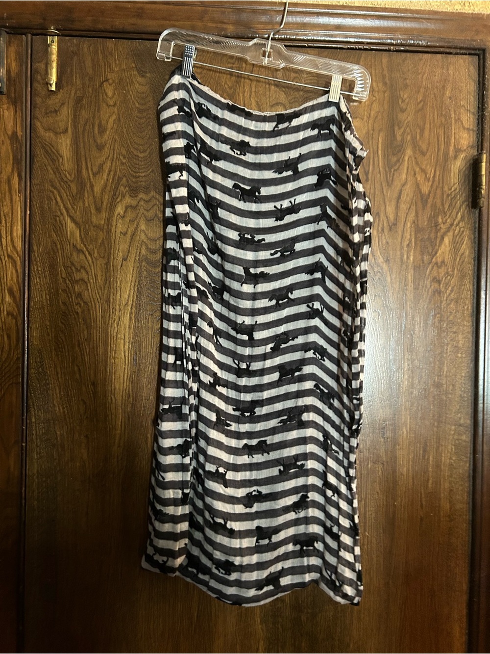 Black and Cream Striped Lightweight Scarf with Animal Silhouette Pattern